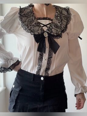 Gothic Coquette Lace Blouse w/ Detachable Bow • Victorian Lolita Top S–M